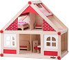 Дървена къща за кукли - Комплект за игра с 2 кукли и обзавеждане - играчка