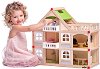 Дървена триетажна къща с тераси за кукли - Комплект с 4 кукли и обзавеждане - играчка