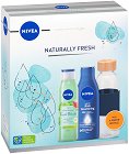 Подаръчен комплект Nivea Naturally Fresh - Душ гел, мляко за тяло и бутилка за вода - 
