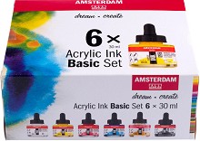 Акрилни тушове Royal Talens - Основни - 6 цвята x 30 ml от колекцията Amsterdam -