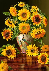 Слънчогледи във ваза с паун - Пъзел от 1000 части на Кристофър Пиърс - пъзел