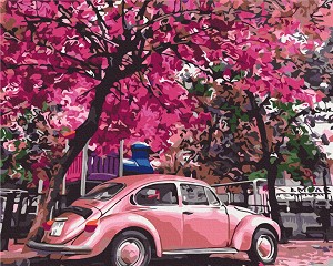 Рисуване по номера с акрилни бои - Розовият паркинг - Комплект за картина с размери 50 x 40  cm - 