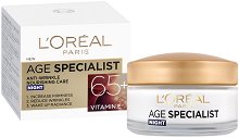 L'Oreal Paris Age Specialist Night Cream 65+ - Възстановяващ нощен крем против стареене от серията "Age Specialist" - гел