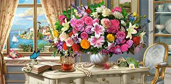 Натюрморт с летни цветя и чаша чай - пъзел