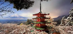 Пагода Чурейто и Вулканът Фуджи, Япония - панорама - 