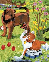Рисуване по номера с цветни моливи - Куче и коте