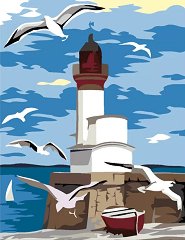 Рисуване по номера с акрилни бои - Морски фар с чайки