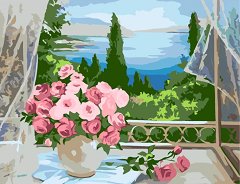Рисуване по номера Rosa - Ваза с рози на прозореца