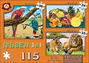 Пъзел 3 в 1: Папагали, плодове и семейство лъвове - пъзел